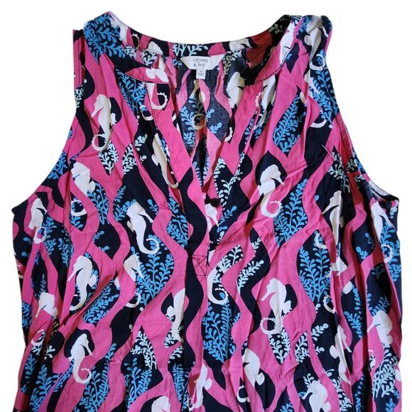 Crown & Ivy Pink Black Blue Coastal Seahorse Print Split V Neck Top Sz M - Picture 3 of 11